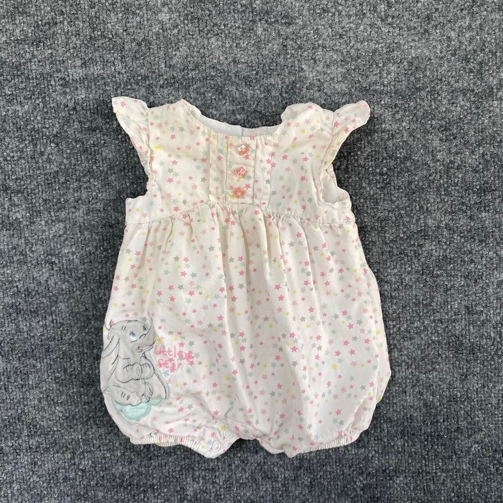 DISNEY BABY DUMBO BUBBLE ROMPER LITTLE STARS RUFFLE SLEEVE HEM PINK BOW
